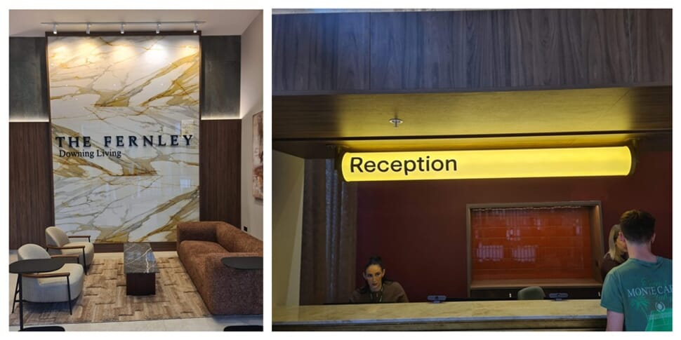 A collage of The Fernley Downing Living reception area.